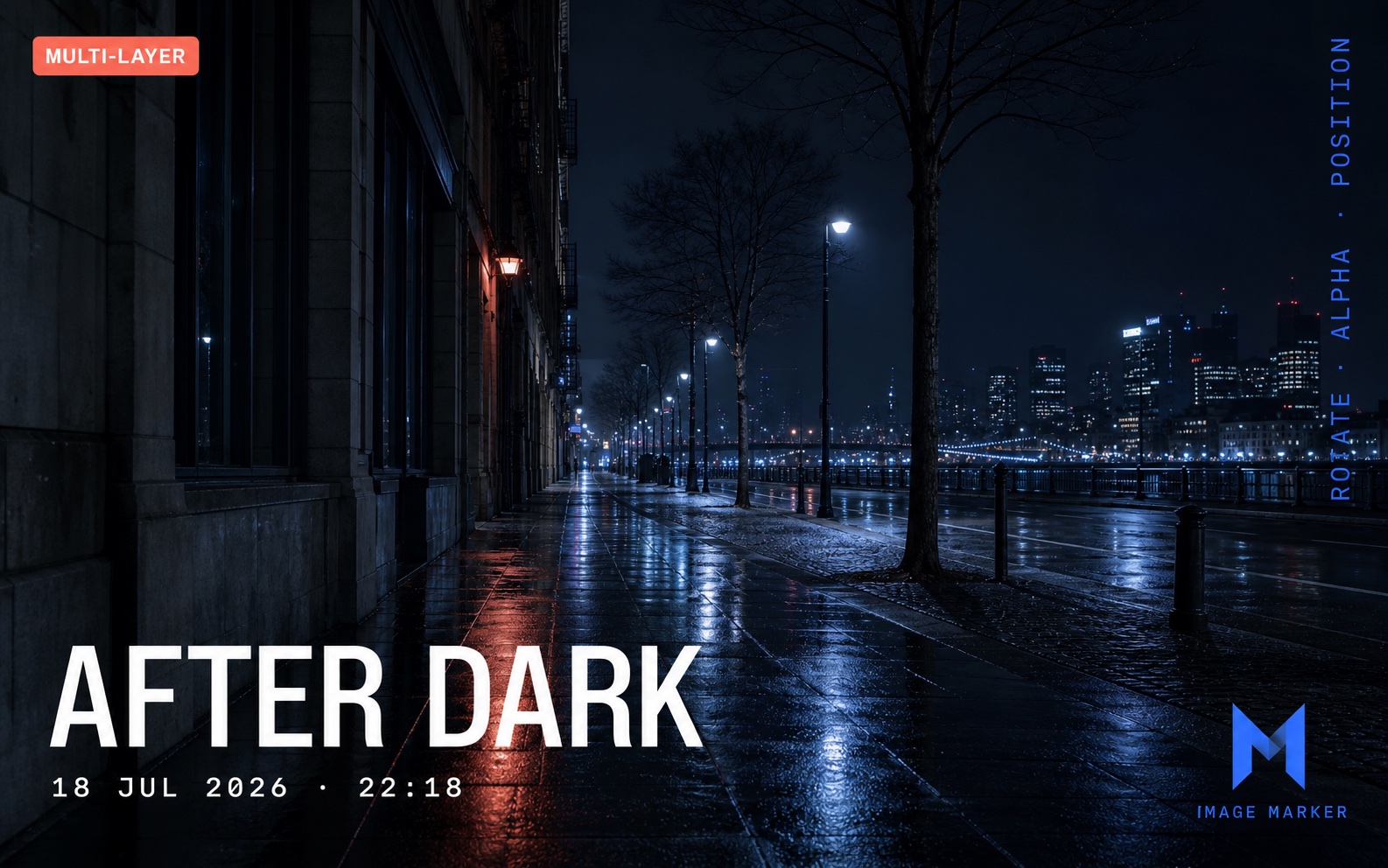 Night street with multiple text layers, a rotated caption, and an image logo watermark