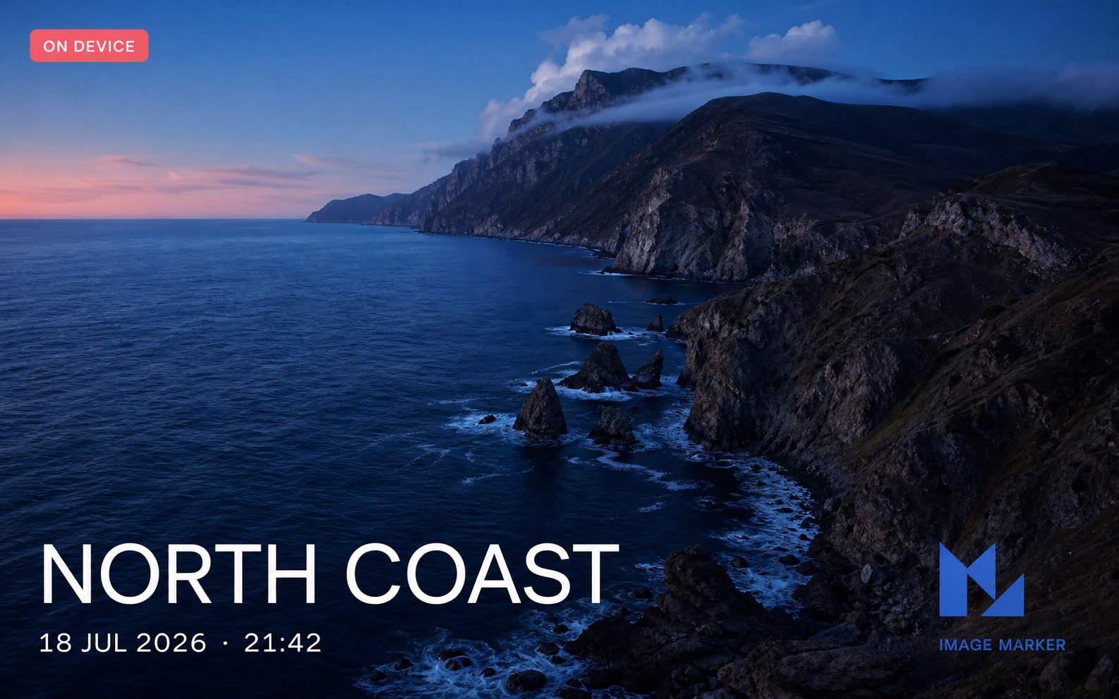 Coastal landscape with a styled label, title, timestamp, and image logo watermark
