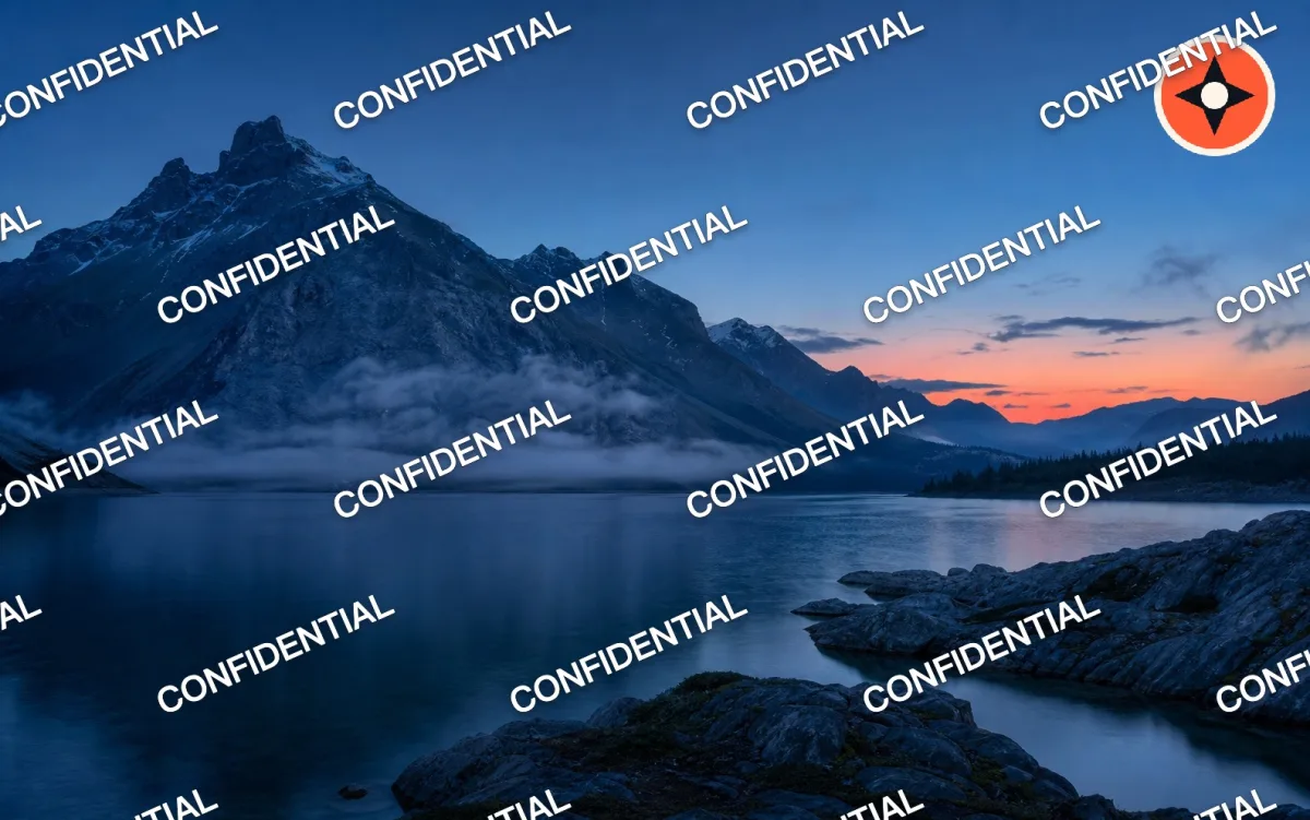 山间湖泊上错行平铺了带深色描边的 CONFIDENTIAL 文字,并保留右上角 Logo