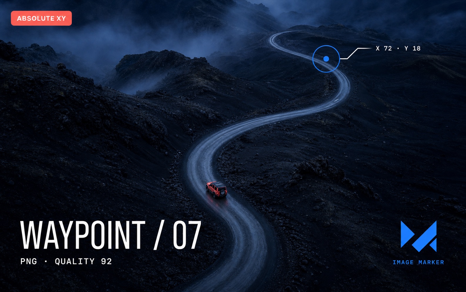 Aerial mountain road with an image target precisely placed at absolute coordinates
